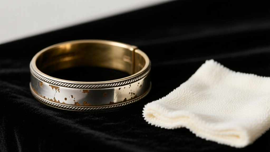 Tarnished silver-plated brass cuff bracelet on dark velvet next to a microfiber cloth, lit by soft directional studio lighting.