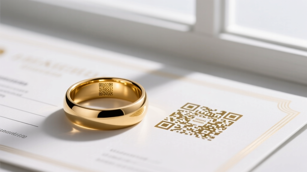 Authentication certificate next to a gold ring, showing a sub-micron QR code etched directly onto the polished inner shank