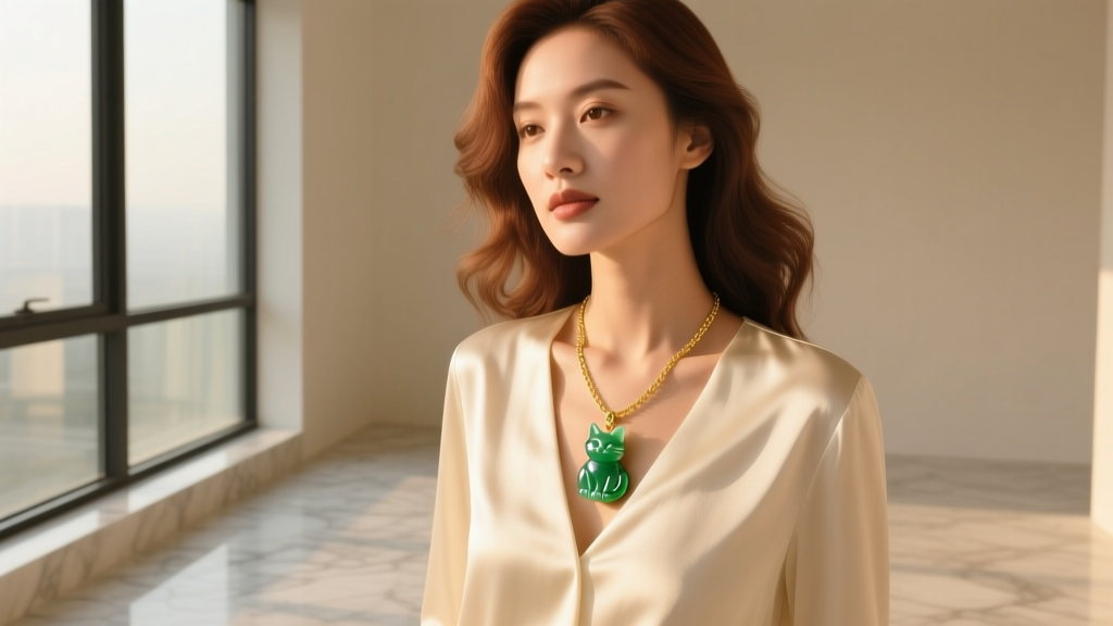 Woman wearing a delicate gold chain with a small nephrite jade cat necklace layered over a cream silk blouse in warm natural light.