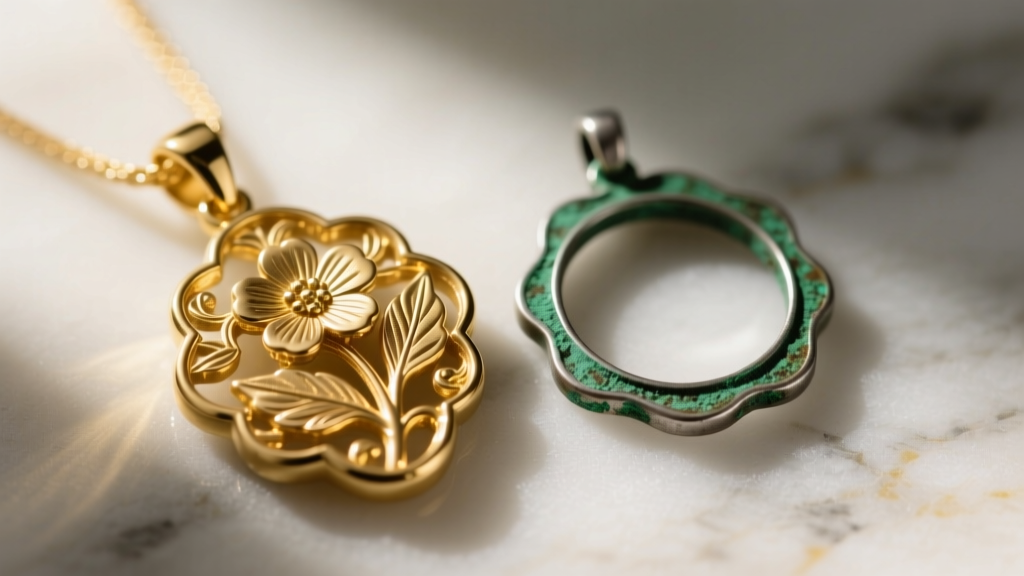 Macro shot of a pristine gold vermeil botanical pendant next to a zinc alloy dupe showing green tarnish along the metal edges.