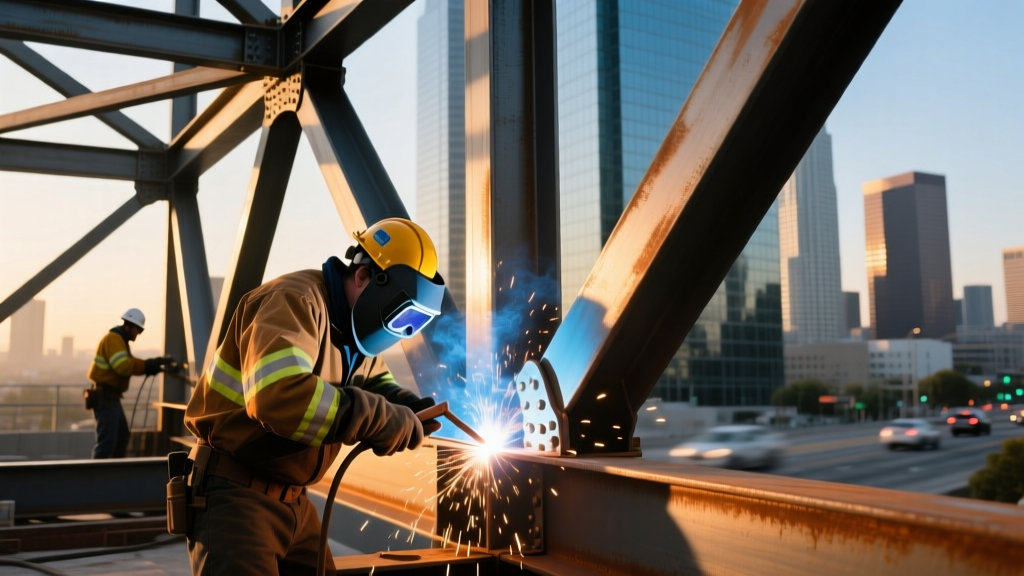 Welders installing a structural steel moment frame with dogbone connections on a commercial high-rise in downtown Los Angeles
