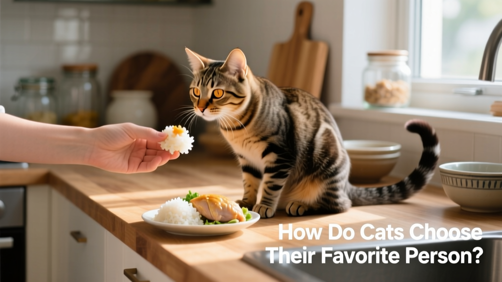 A hand offering a small portion of food to a seated cat at a kitchen counter