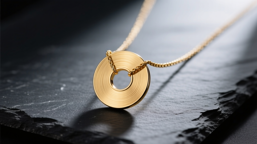 Close-up of a 14k solid gold disk necklace on dark slate, showing the brushed metal texture and a delicate 1.2mm cable chain.