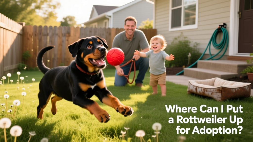 A happy Rottweiler playing fetch in a fenced backyard with her new adoptive family