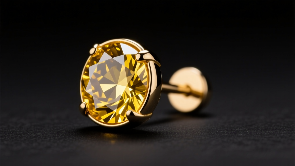 Macro shot of a bezel-set faceted yellow sapphire earring stud, highlighting the golden hue and crisp facets under studio light.