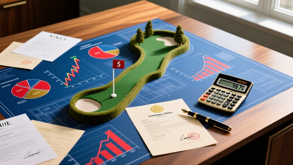 Blueprint of an 18-hole miniature golf course overlaid with financial charts, loan documents, and a calculator on a wooden desk