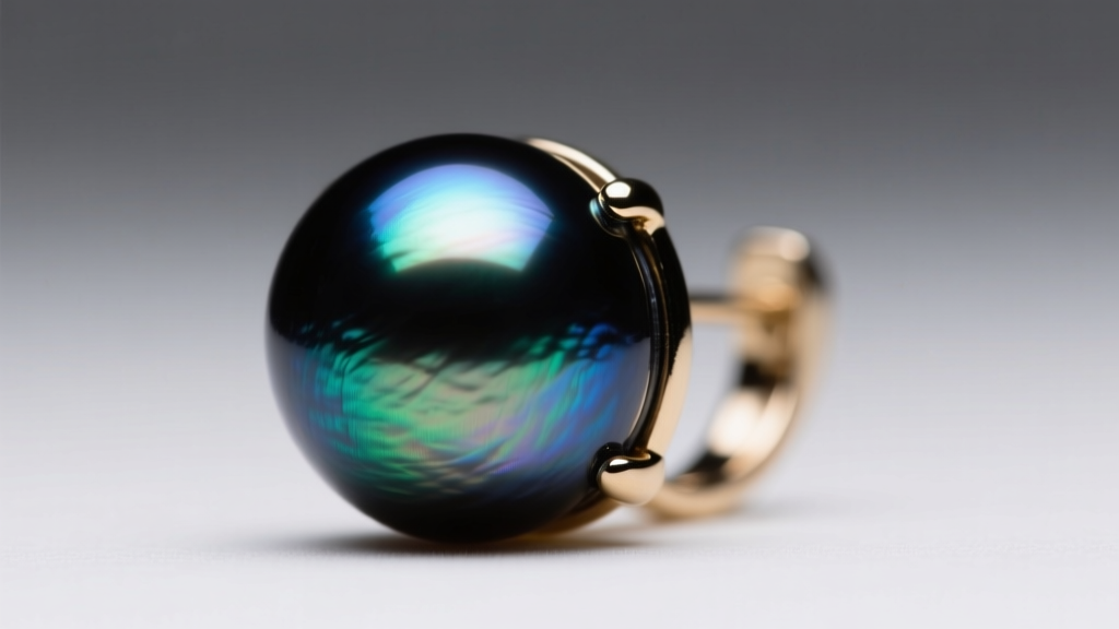 Macro view of a Tahitian black pearl earring showing intense mirror luster and a subtle peacock overtone under soft studio light