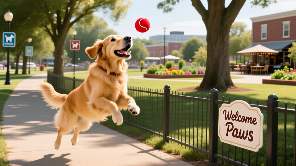 Golden Retriever playing fetch in a sunny, fenced dog park