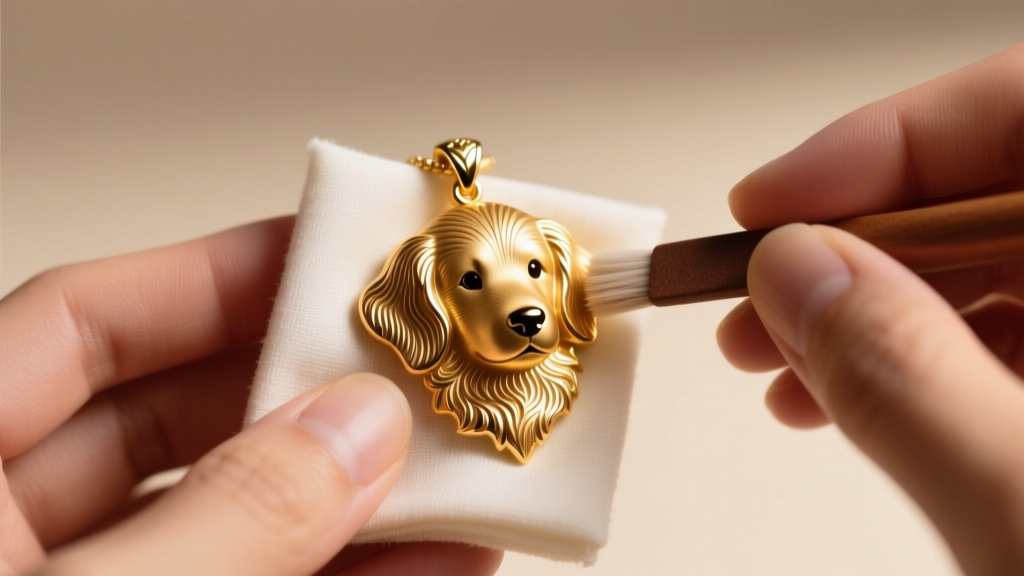 Hands gently buffing intricate details of a golden retriever puppy pendant with a specialized polishing cloth under warm light.