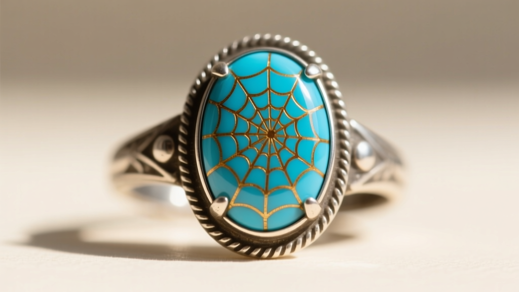 Macro shot of a Kingman turquoise cabochon in an antique silver bezel, highlighting the golden-brown spiderweb matrix pattern.