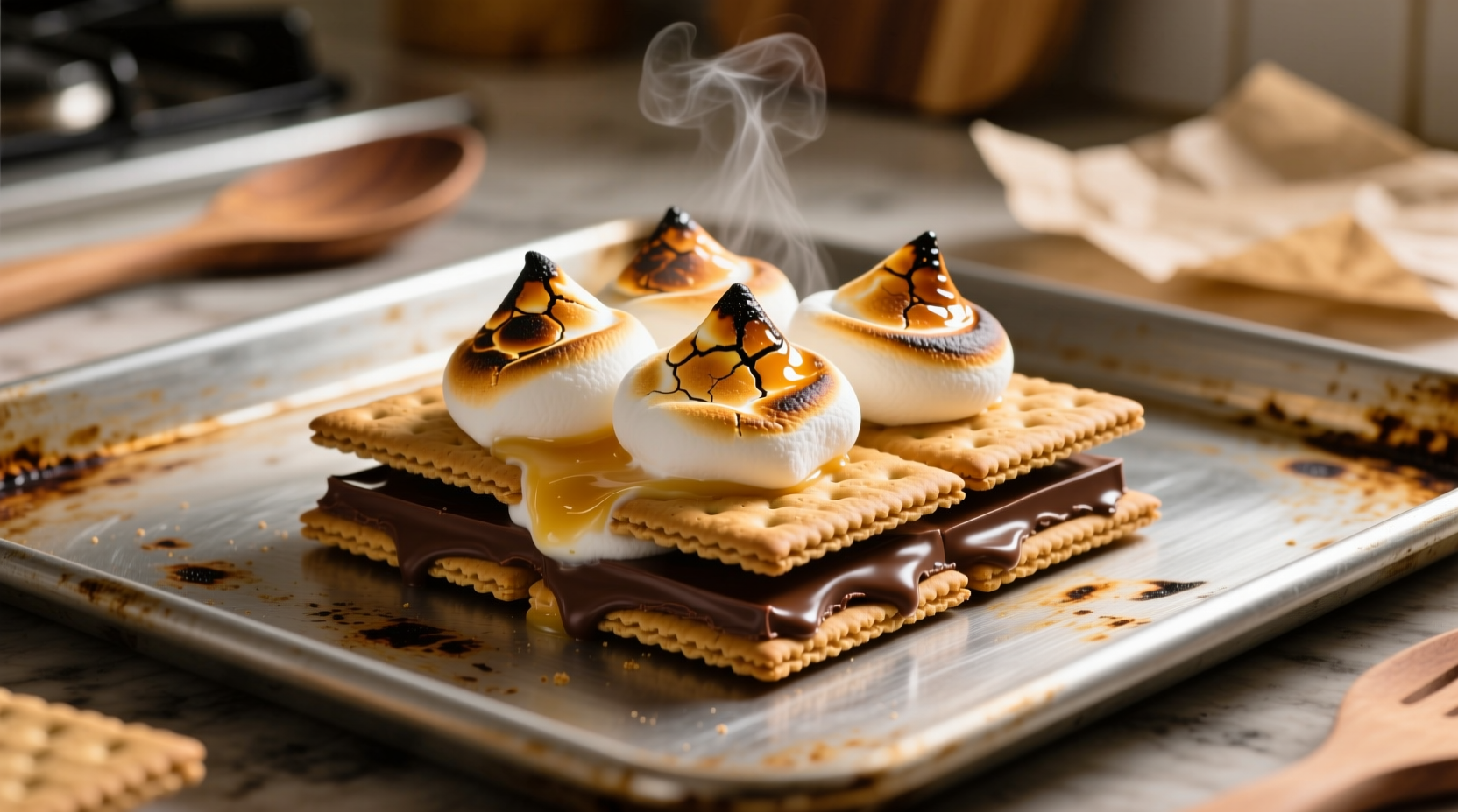 Oven s'mores on baking sheet with melted marshmallows