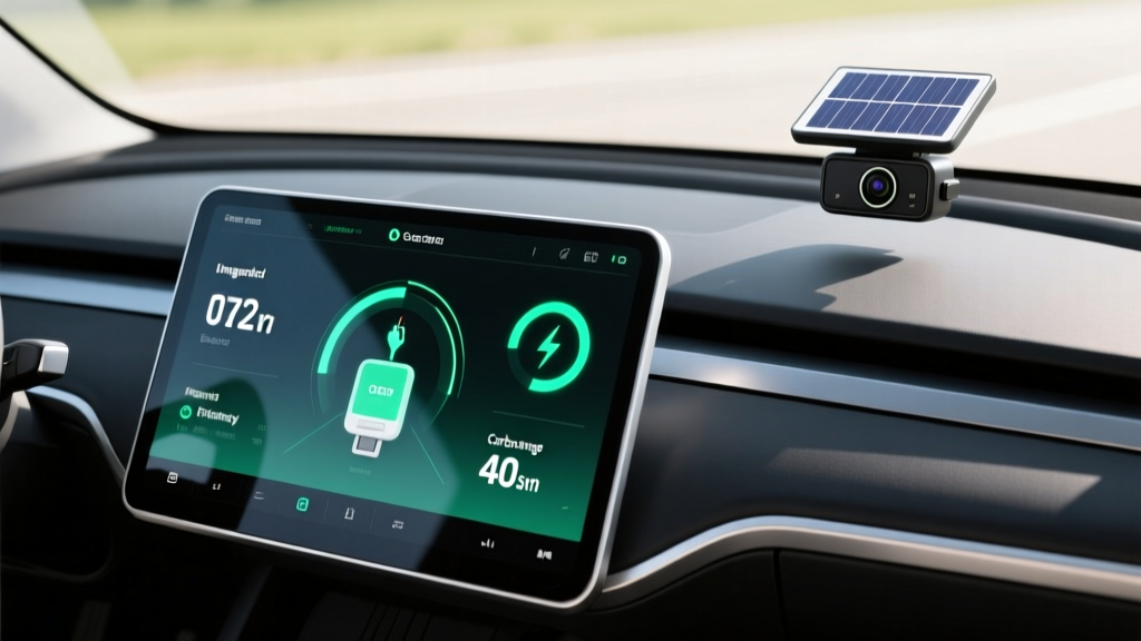 A modern electric vehicle dashboard featuring a solar-powered dash cam and an eco-driving OBD2 scanner display in bright daylight.