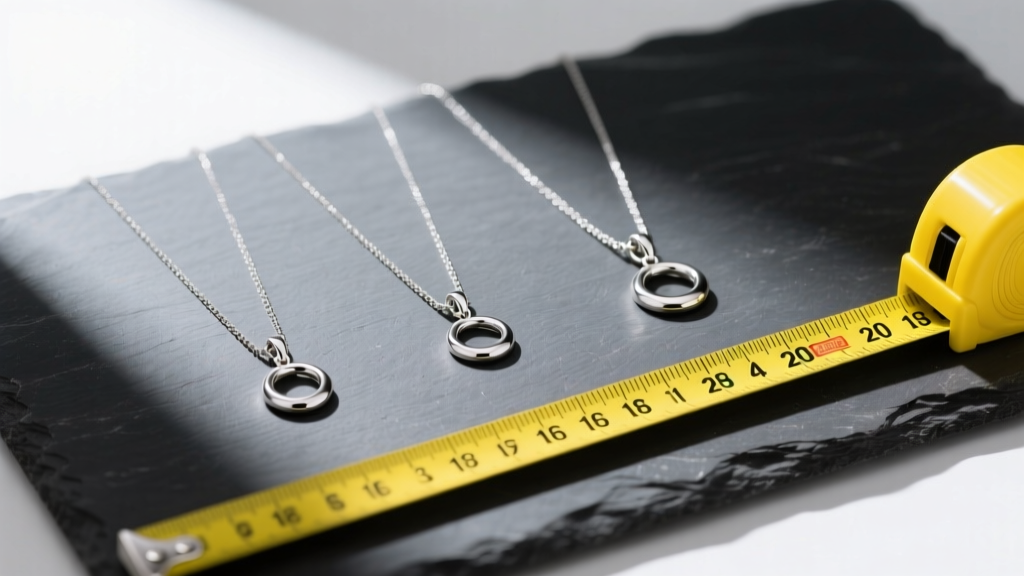 Flat-lay arrangement of three silver dangle necklaces at 16, 18, and 20 inches on dark slate next to a yellow measuring tape.