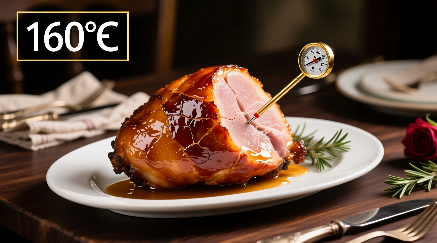 Perfectly glazed ham on serving platter with thermometer