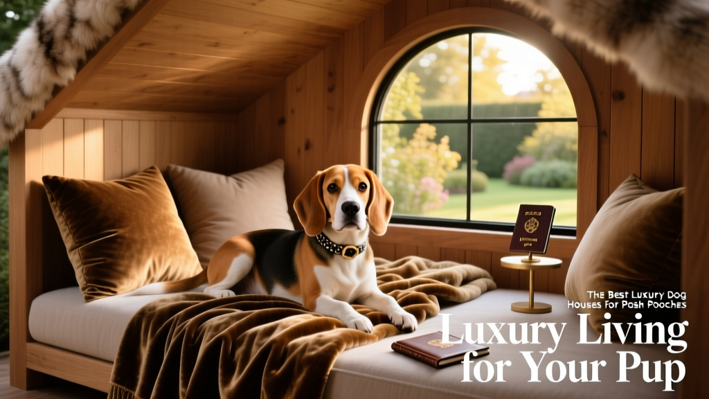 a young Beagle lounging on plush blankets and pillows inside a cozy, well-appointed luxury dog house