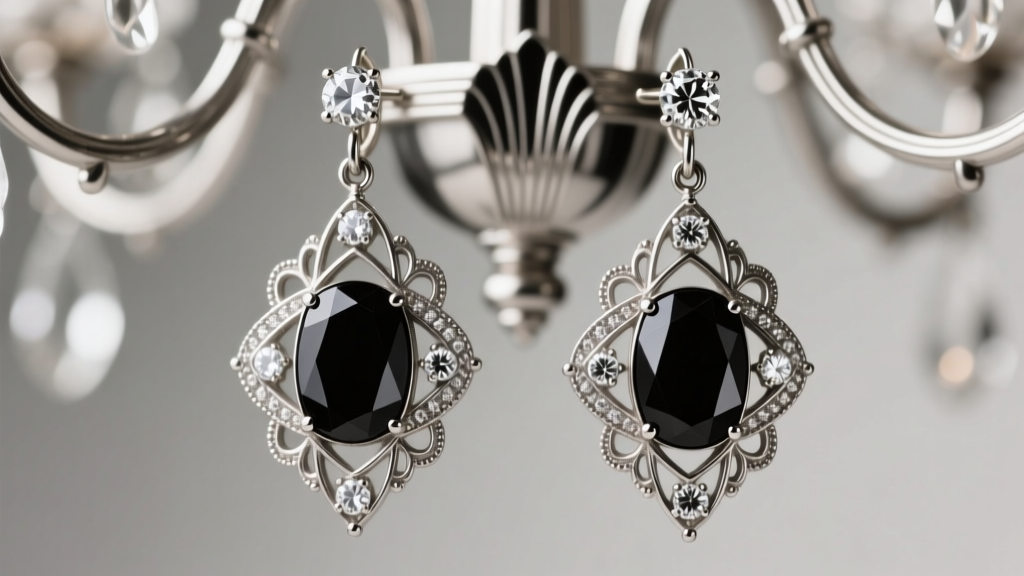 Close-up of authentic 1920s platinum Art Deco chandelier earrings featuring calibre-cut onyx and old European diamonds, studio lit