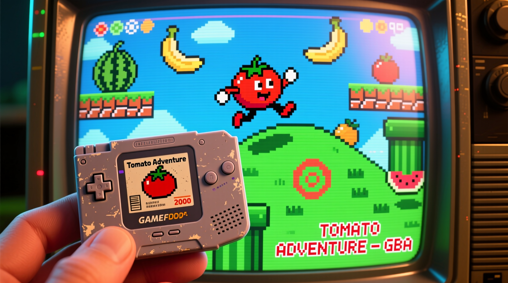 Tomato Adventure GBA cartridge and gameplay screenshot