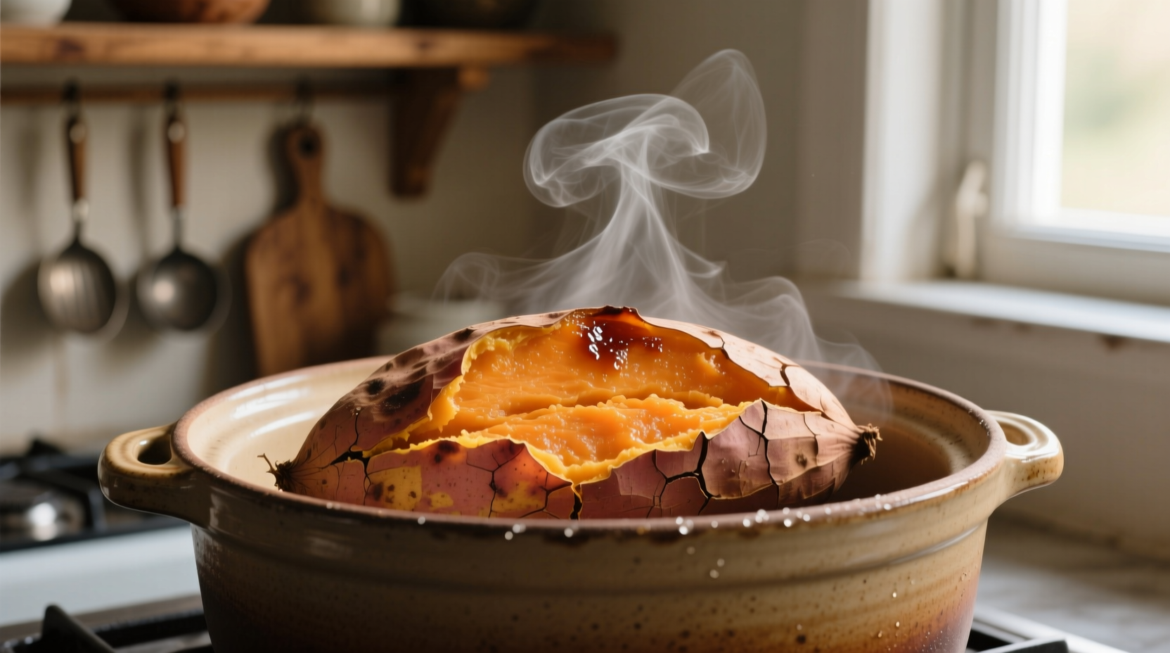 Perfectly cooked sweet potatoes in crock pot with steam rising