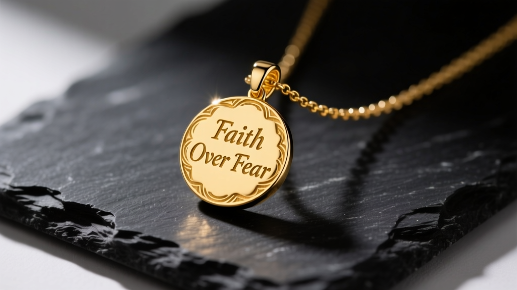 Close-up of a 14k yellow gold faith over fear necklace on dark slate, highlighting engraved text under soft lighting.