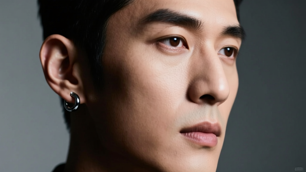 Close-up of a stylish man wearing a minimalist 18-gauge titanium barbell in his left earlobe, moody studio lighting, sharp focus.