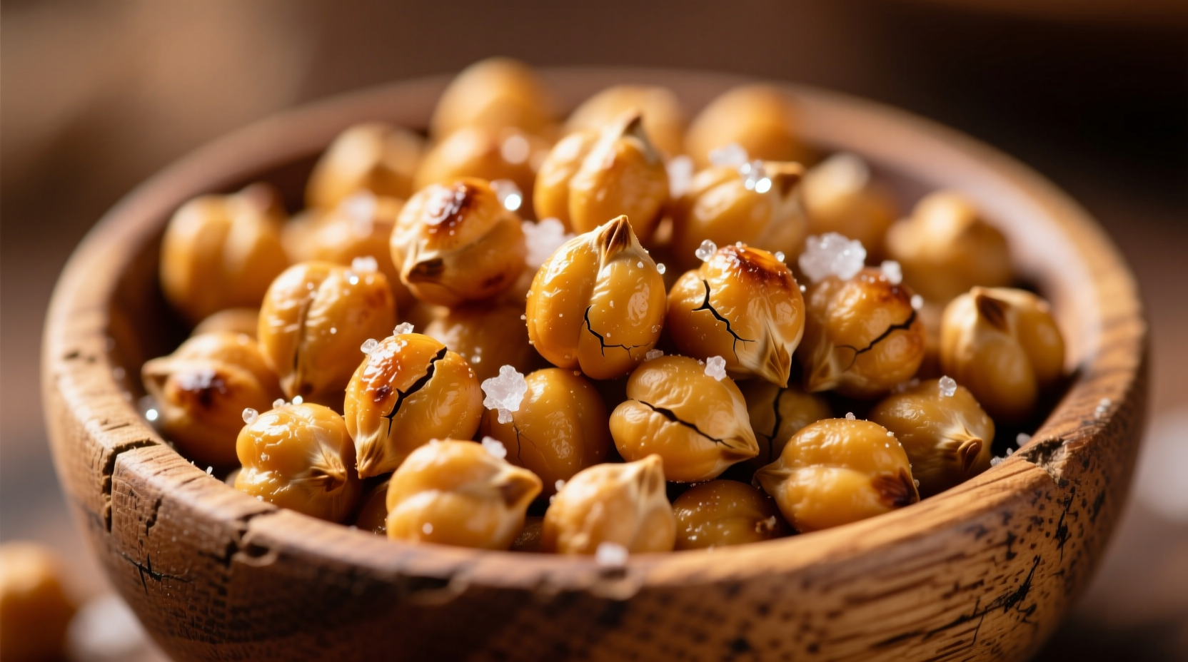 Close-up of golden roasted chickpeas in a wooden bowl