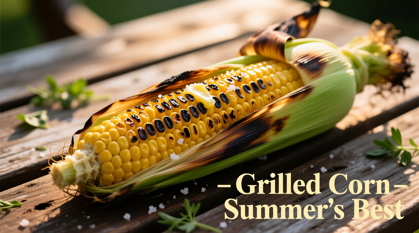 Grilled corn on cob with husk partially removed showing golden kernels