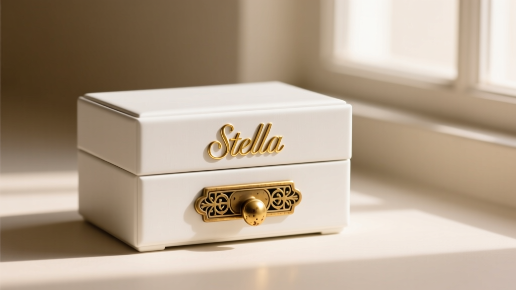 Antique brass drawer pulls and a gold monogram engraved on a plaque attached to the front of a white Stella jewelry box.