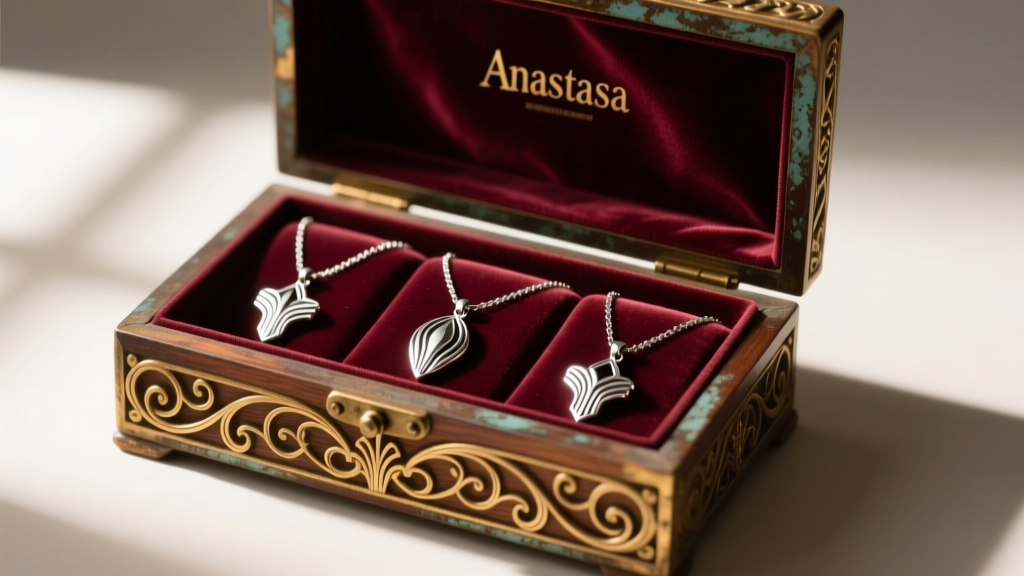 Restored Anastasia movie jewelry box with gold filigree, open to reveal plush burgundy velvet lining and silver necklaces inside
