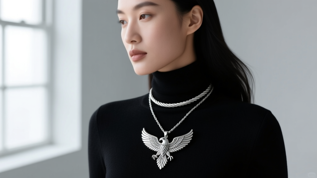 Fashion editorial shot of a woman layering a Zuni eagle pendant on a silver rope chain over a minimalist black turtleneck sweater.