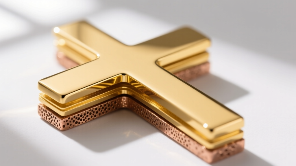 Macro shot of a gold-plated brass jewelry cross-section, revealing the thin yellow gold layer over a porous copper alloy base.