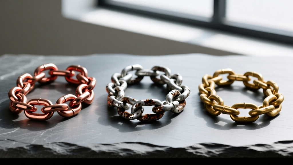 Three distinct metal chains laid side-by-side on slate: polished bronze, heavily oxidized sterling silver, and raw naval brass.