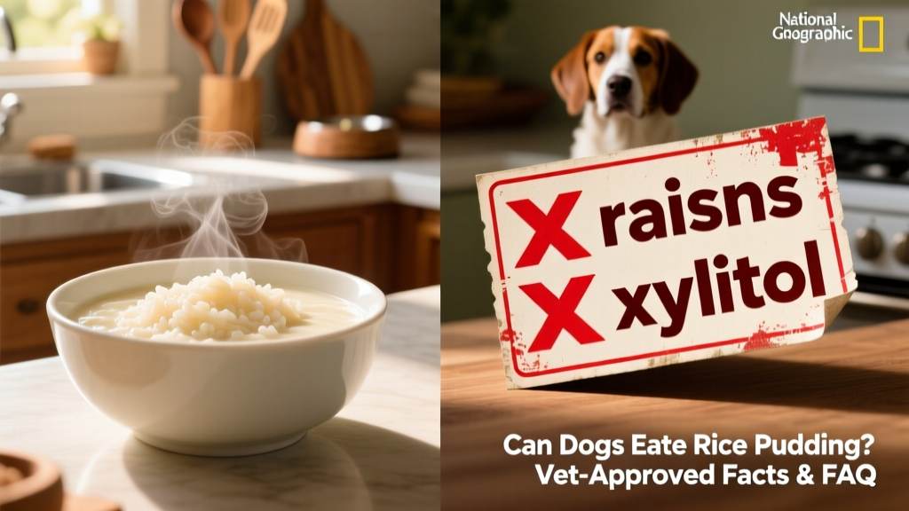 Side-by-side comparison: a safe bowl of plain rice pudding next to a warning label highlighting 'raisins' and 'xylitol' with red 'X' icons
