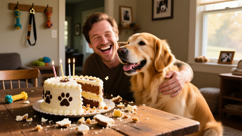 Dog and owner laughing together beside a slightly dismantled, dog-safe birthday cake with paw-print decorations
