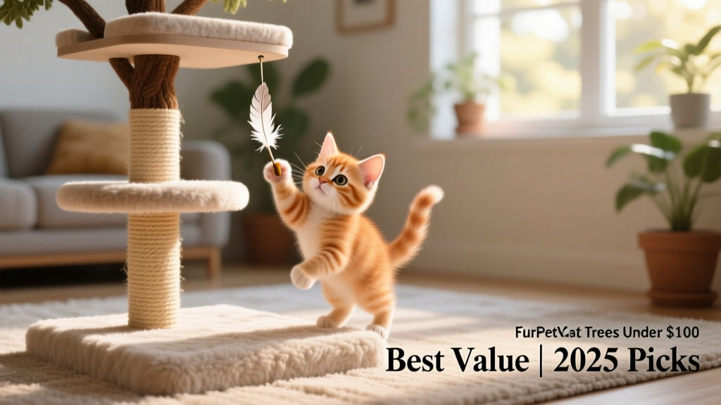 Kitten playing on the FurPetVo Starter Tree, batting at a dangling toy near a soft platform