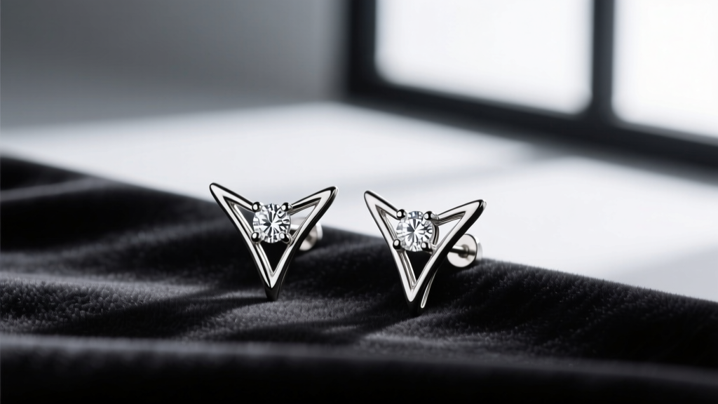 Macro shot of platinum martini stud earrings highlighting the V-shaped wire basket and four-prong diamond setting on dark fabric.