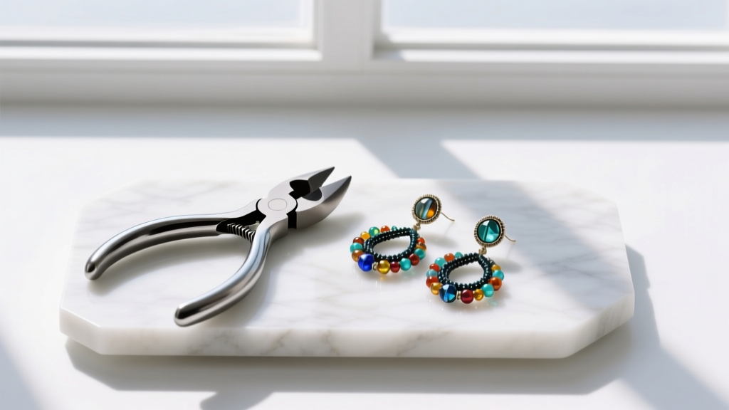 Flat lay of flush cutters and round nose pliers next to finished beaded wire drop earrings resting on a clean white marble slab.