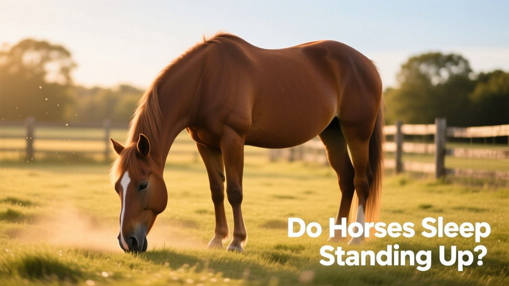 A horse dozing peacefully while standing in a sunlit paddock, head lowered and one hind leg relaxed