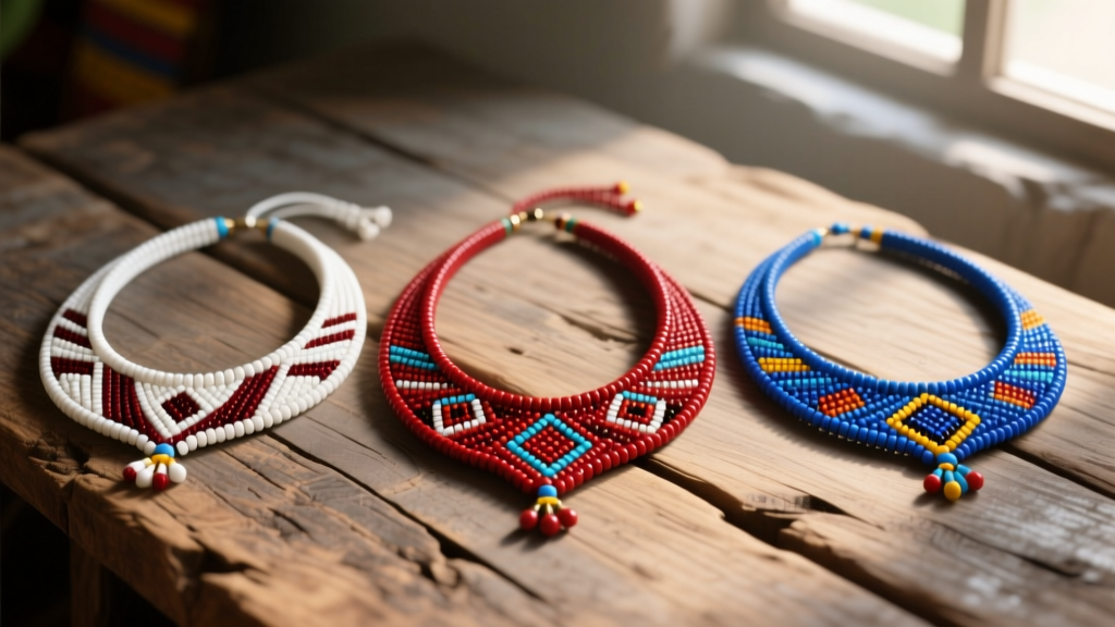 Flat lay of authentic Afro-Brazilian Fios de Contas beaded necklaces in white, red, and blue, arranged neatly on rustic wood