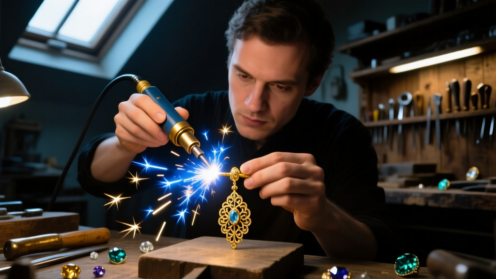 Jeweler using a laser welder to attach a gold post to a vintage filigree earring, with bright sparks visible in a dim workshop.
