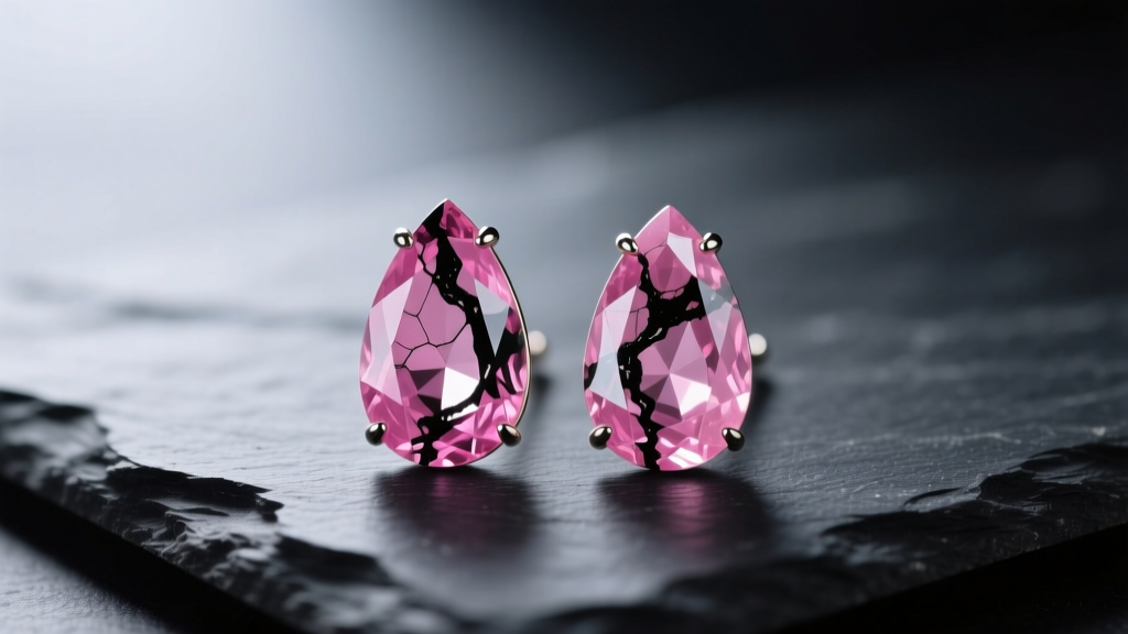 Macro shot of rhodonite drop earrings on dark slate, highlighting pink stone and black manganese veins under soft lighting.