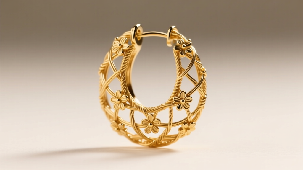 Macro shot of a 22k gold Trinidad filigree earring post and backing, highlighting intricate wirework against soft studio lighting