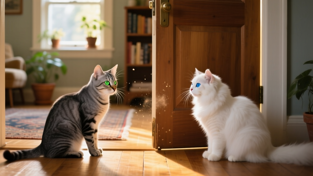 Two cats cautiously observing each other from opposite sides of a partially open door