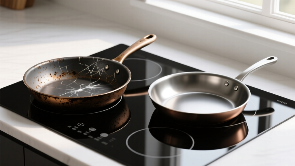 A scratched PTFE skillet resting next to a pristine sol-gel ceramic coated frying pan on a modern black induction cooktop surface.