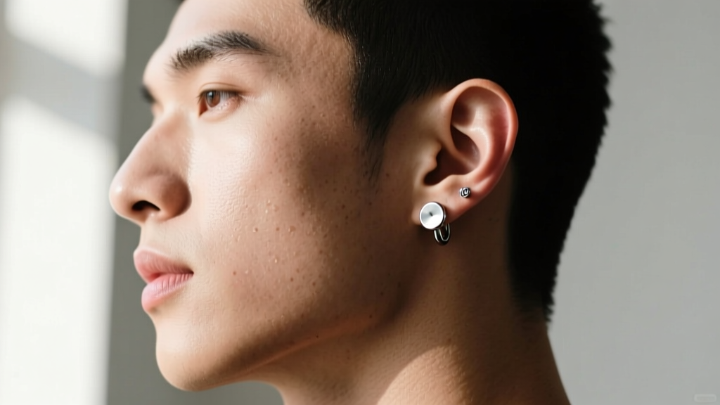 Side profile of a man with a fresh helix piercing wearing a 16-gauge titanium flat back labret, illuminated by soft window light