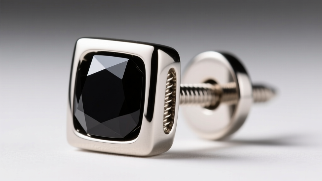 Macro shot of 16-gauge implant grade titanium square stud earring with bezel-set black onyx, highlighting post and threading