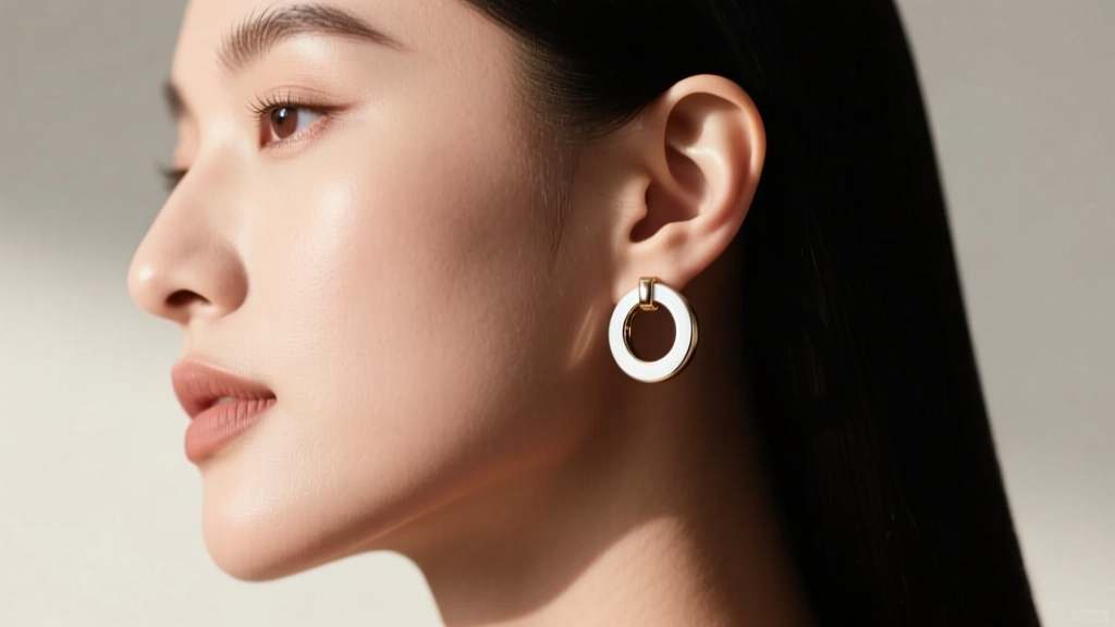 Side profile of a woman wearing perfectly proportioned 20mm simple hoop earrings in white gold, showcasing the clean silhouette against her jawline.