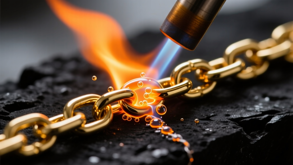 Macro of a torch heating a 14k gold chain on charcoal, showing bright orange flux bubbling at a newly formed soldered seam