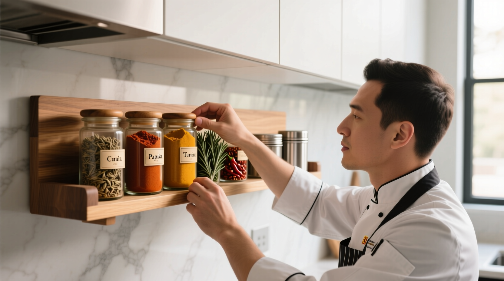Professional chef organizing spices in wall-mounted rack