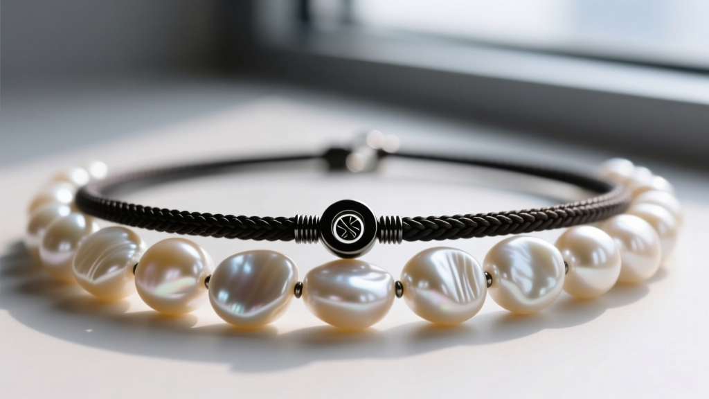 Close-up of urban pearl necklace with baroque freshwater pearls on dark braided cord featuring a matte black titanium screw clasp