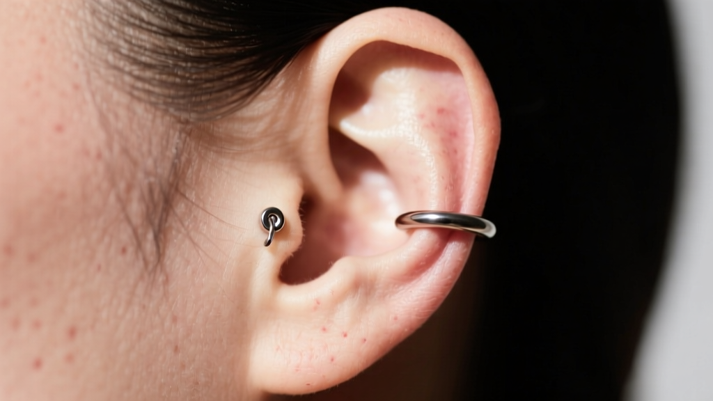 Close profile of an ear with an 8mm titanium clicker hoop in the tragus, showing the snug fit and lack of tissue pressure.